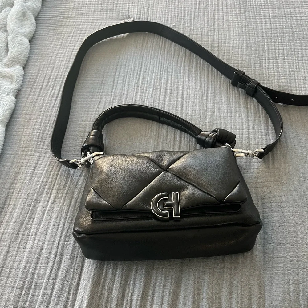 Cole Haan Black Quilted Leather Crossbody Bag with CH Logo
